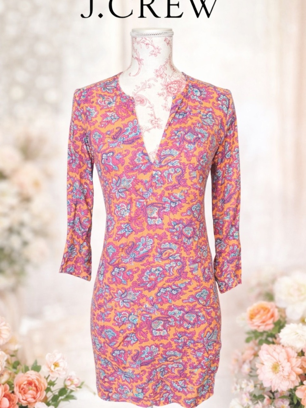 J. Crew Boho Pink, Orange & Blue Paisley V-Neck Tunic Beach Swim Top Sz XXS
